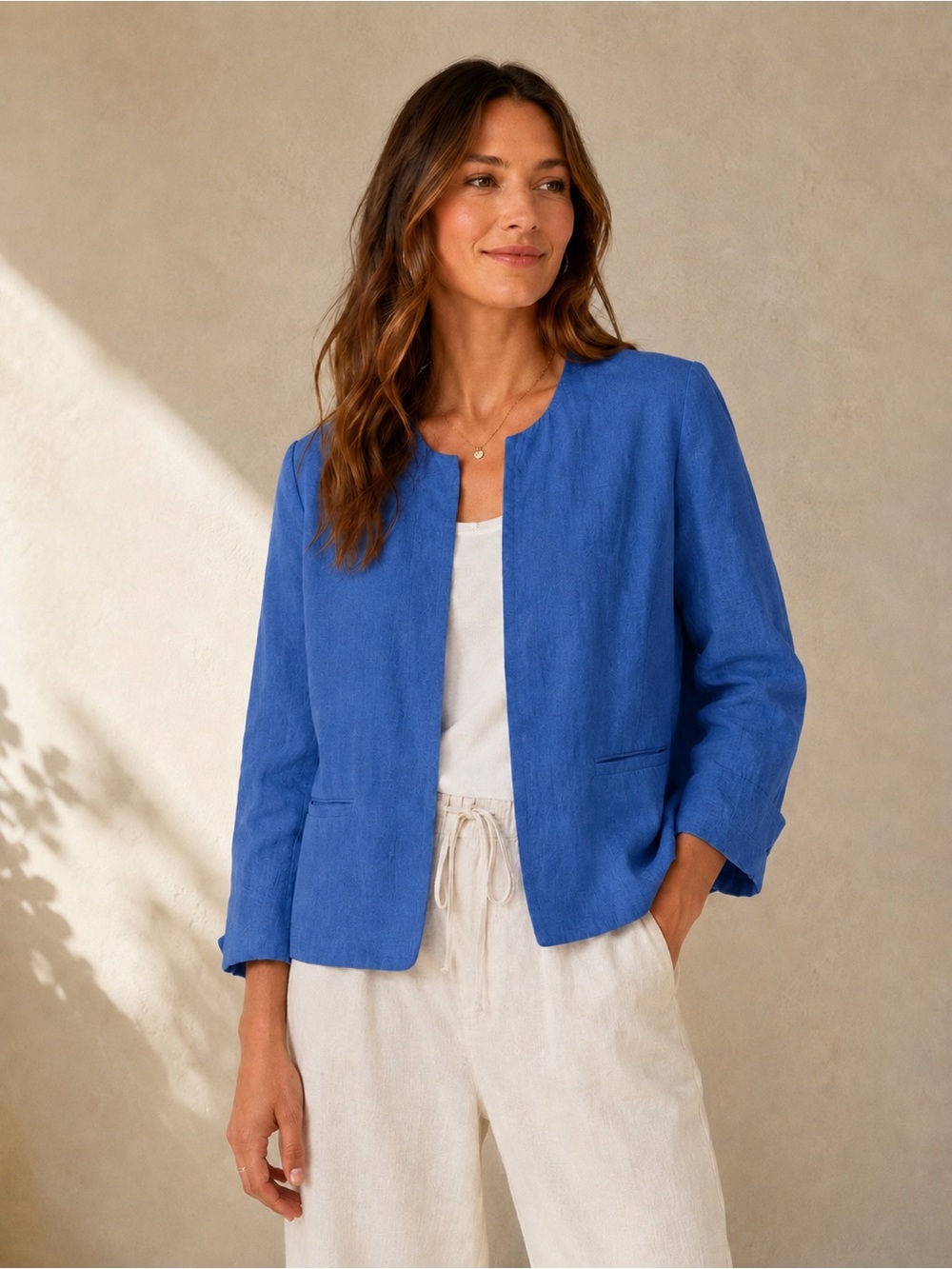 Talbots Irish Linen Royal Blue Open Front Blazer Jacket Coastal‎ Chic Preppy 10